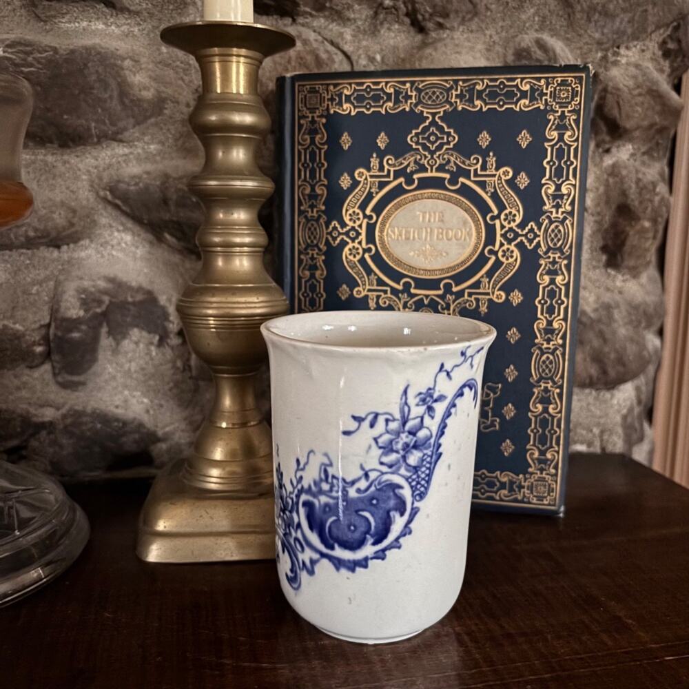 Antique Flow Blue Vanity Cup/Vase Victorian Floral Transferware Unmarked 4.5"